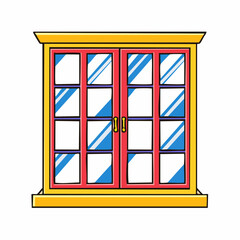 Obraz premium Cartoon Double Door Window with Red Frame and Yellow Trim