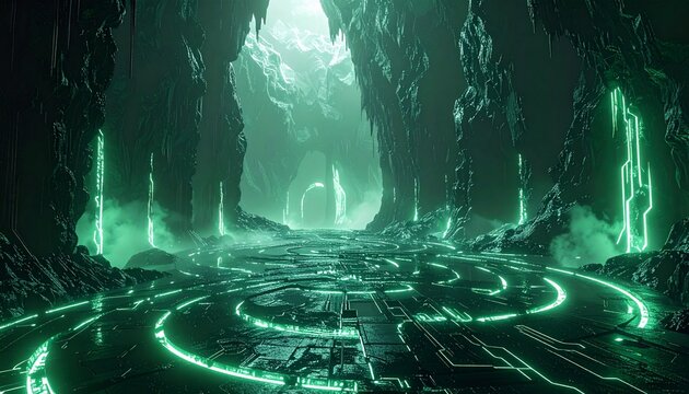 Futuristic alien cave with glowing green circuits and ethereal lighting creating a mysterious and otherworldly atmosphere for sci-fi concepts