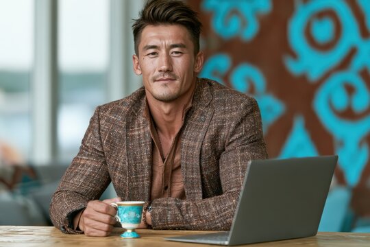 Central Asian tech entrepreneur sitting at a wooden table in a modern cafe holding a green tea piala with an open laptop.