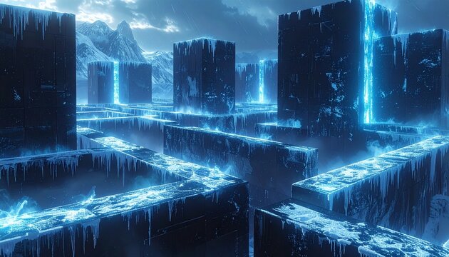 Abstract futuristic digital art depicting a cold, icy, and glowing maze of cubical structures with glowing blue light emanating from within, set against a backdrop of snowy mountains