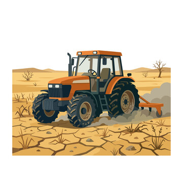 Orange tractor plowing dry, cracked earth in arid landscape