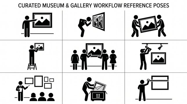 Curated museum and gallery workflow reference poses icons