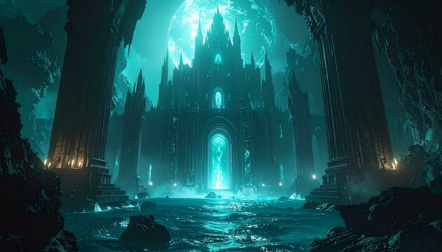 Mysterious glowing ethereal castle illuminated by a large moon in a dark cavern with water