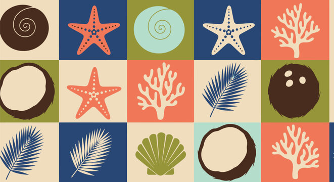 Tropical beach seamless pattern vector clipart with starfish, shells, coral and coconut