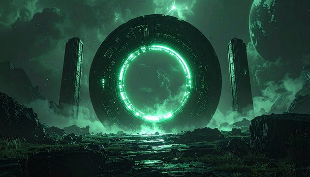 Mysterious glowing green portal on a dark alien planet landscape with monoliths