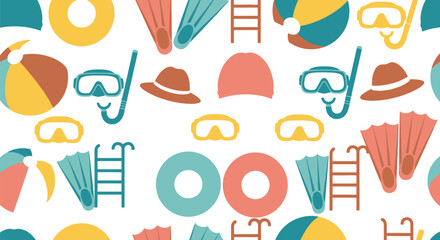 Summer pool party seamless pattern vector clipart with beach accessories and swim gear © azad