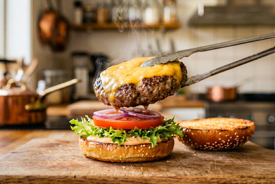 キッチンで調理中のハンバーガー