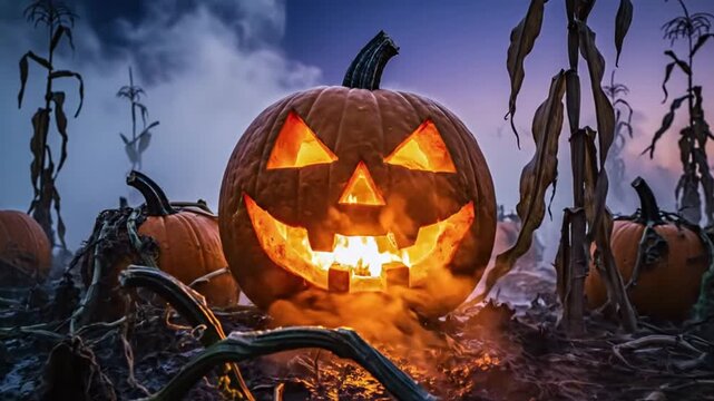 Spooky carved jack o'lantern glowing with fire set in a dark and moody Halloween field