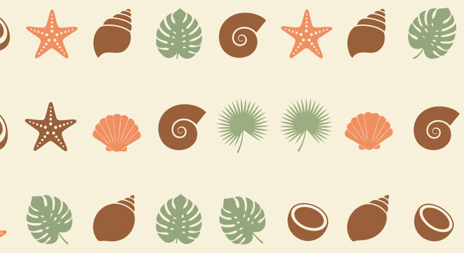 Tropical beach seamless border vector clipart with shells, leaves, starfish, and coconuts
