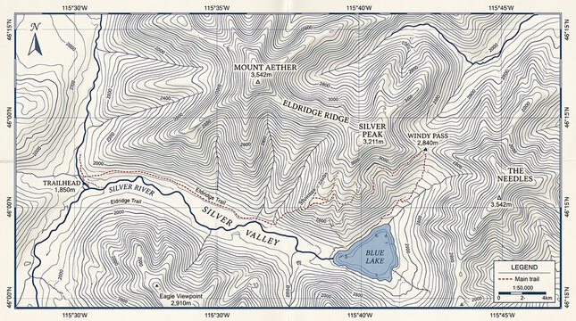 Topographic map of mount aether and eldridge ridge on transparent background