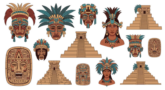 Detailed collection of ancient mesoamerican icons including stone pyramids tribal masks and people in feathered headwear.