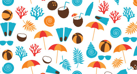 Summer beach seamless pattern vector clipart with umbrellas, coconuts, coral and flippers © azad