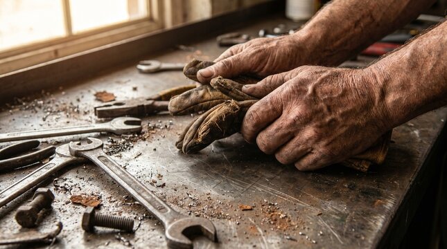 Close-up of dirty hands holding worn leather gloves on a workbench with tools. Perfect for Labor Day concepts, honoring hard manual work, industry, and rugged craftsmanship.