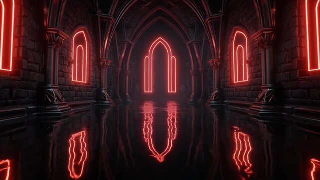 Dark gothic cathedral hallway illuminated by glowing red neon arches with reflections on a polished floor