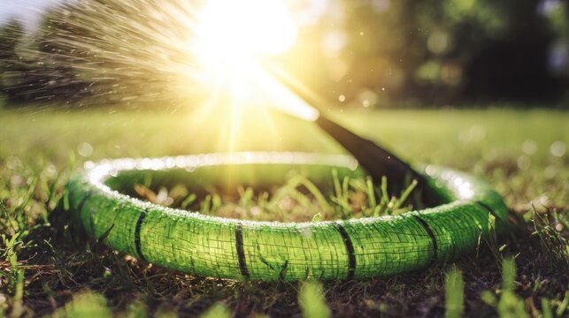 constriction. Green garden hose kinked, spraying water on sunlit grass. event key visuals, club posters, designed for sports event promotions and stadium branding and fitness apps and gym onboarding.