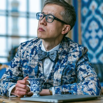 Central Asian tech entrepreneur sitting at a wooden table in a modern cafe holding a green tea piala with an open laptop.