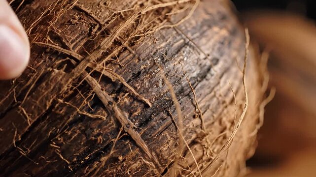 Close up of a whole brown coconut with rough fibrous husk.
