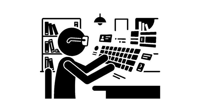 Professional working on virtual keyboard using vr headset in office