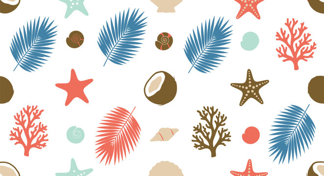 Tropical beach seamless pattern vector clipart with palm leaves, coral, starfish, coconut