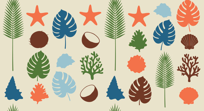 Tropical leaves and sea elements seamless vector clipart pattern for summer design