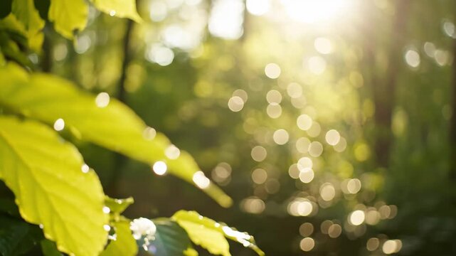 Autumn Leaves Falling in Sunlight with Bokeh Effect in Forest Nature Scene