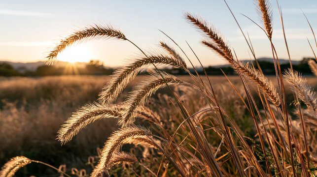 Autumn Meadow Grass with Soft Golden Light and Rural Landscape