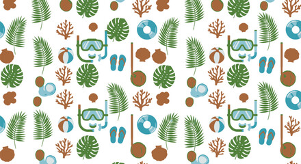Summer Beach Pattern Vector Clipart with Tropical Leaves and Snorkeling Elements © azad