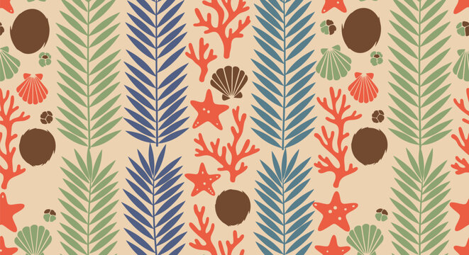 Seamless tropical sea life vector clipart pattern with coral, shells, and leaves