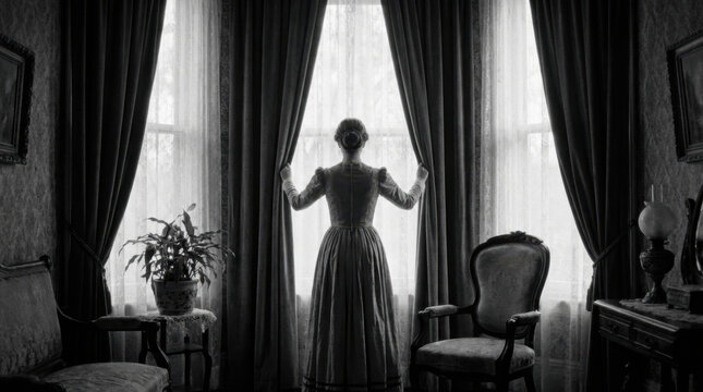 Elegant Woman in Vintage Dress Standing by Window in Classic Room