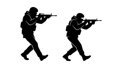 Fototapeta premium Dynamic silhouettes of armed military operatives in tactical readiness posture