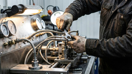Fototapeta premium Industrial Worker Handling Hydraulic Valve in Metal Workshop