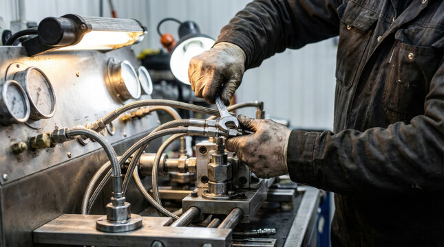 Industrial Worker Handling Hydraulic Valve in Metal Workshop