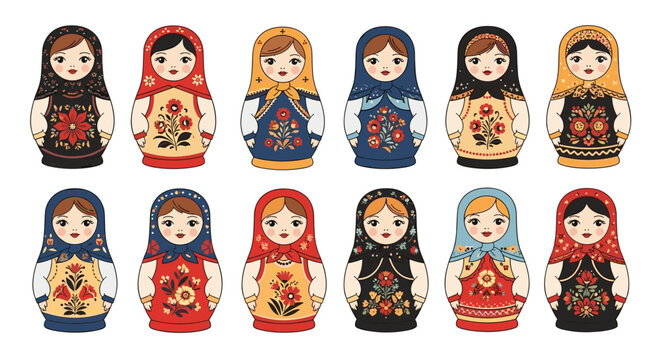 Set of traditional russian nesting dolls decorated with colorful floral patterns and varied feminine facial expressions.