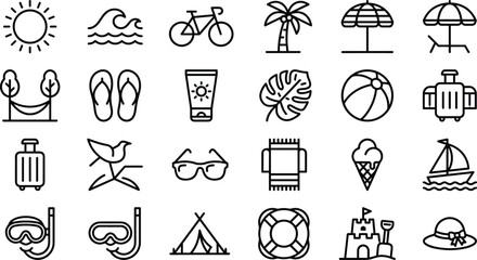 Thin line style travel and outdoor recreation icon collection with luggage umbrella flip flops ice cream and sandcastle graphic pack © nice