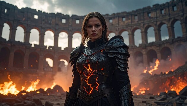Powerful female warrior in lava-infused armor standing in a ruined burning colosseum