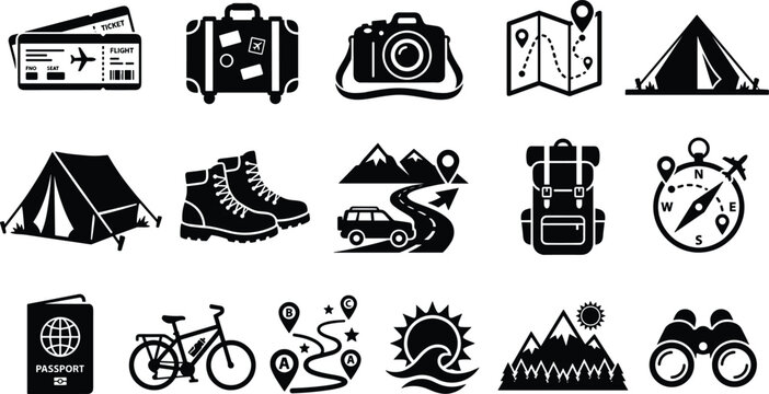 Minimalist monochrome stencils bundle showcasing bicycle trail navigation binoculars camping gear sun and wilderness exploration vector silhouettes