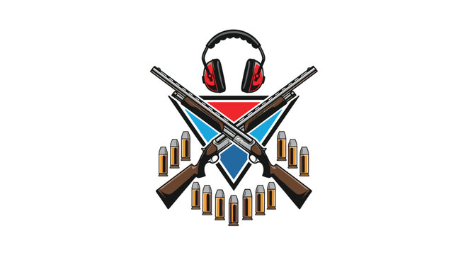 Symmetrical emblem for a shooting range featuring crossed double barrel shotguns ammunition and hearing protectors.