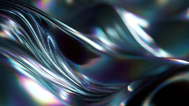 Abstract liquid chrome flowing in organic curves, iridescent oil-slick surface, glowing bioluminescent veins of light pulsating within the metal