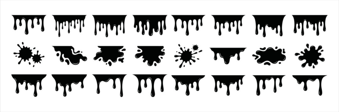 Dynamic black ink drips, splatters, and paint blotches for creative graphic design projects