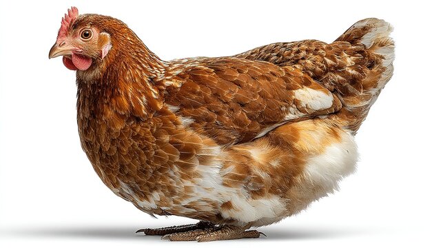 Healthy hen with glossy brown feathers looking sideways in alert curious pose, isolated on clean white background.