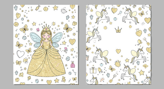 Magical themed stationery templates with a golden fairy princess and unicorn patterns on a white background.