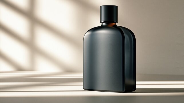 Elegant rectangular black matte perfume bottle with rounded edges and solid black cap placed on neutral beige background with soft natural window light pattern