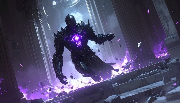 A powerful dark armored figure, engulfed in mystical purple energy, levitates amidst crumbling ruins, unleashing destructive magic in a dramatic fantasy setting