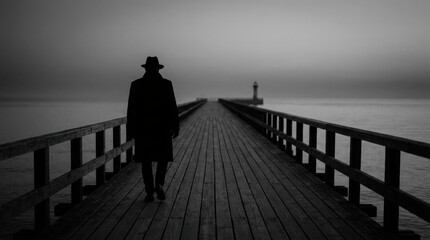 Fototapeta premium Silhouetted Man in Coat and Hat Walking on Long Wooden Pier Toward Lighthouse