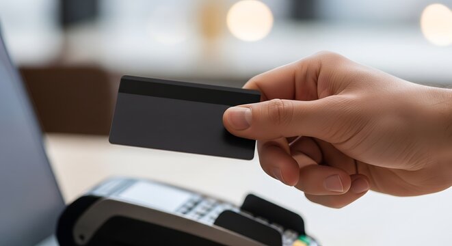 Person holding a black credit card for a contactless payment transaction