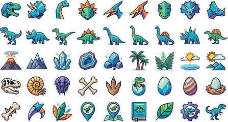 Prehistoric dinosaur vector icon set featuring geometric cartoon jurassic animals volcano fossils crystal gems eggs and game asset graphics © nice