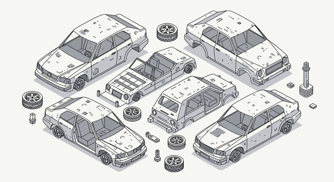 Isometric junkyard collection features rusty car frames, engines, wheels, and various metallic spare parts for scrap and salvage.