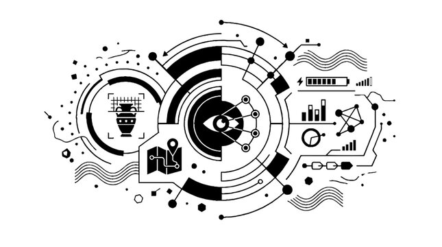 Abstract technical interface with digital eye and data visualization