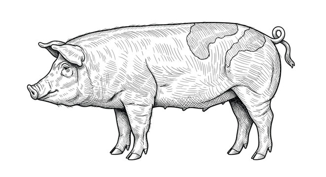 Detailed vintage engraving of a pig shows the animal in profile with realistic skin texture and anatomical features in black ink.
