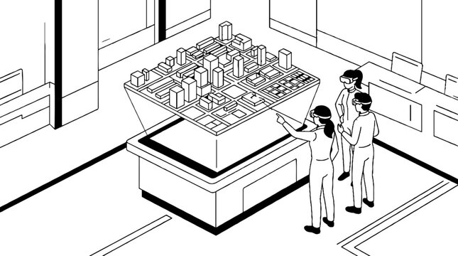Team analyzing a holographic city model in a smart office